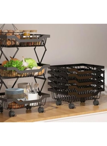 PLATU Multi-layer Fruit Vegetable Storage Basket Organizer，Rolling Utility Cart Produce Basket Storage Shelf Cart, Stackable Metal Wire Basket Cart with Wheels for Pantry,Bathroom (3 Tiers, black)