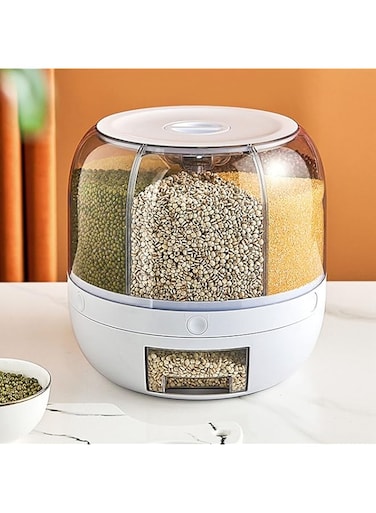 Alvinlite Grain Dispenser, Rice Storage Container Large Capacity, 6 Grid 360&deg; Rotating Sealed Grain Food Storage Box Rice Bucket Dry Food Fruit Box(22lb)