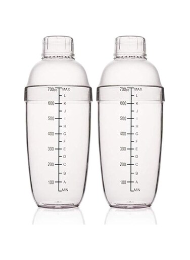 FEOOWV 2 Pcs Plastic Cocktail Shaker,Drink Mixer Hand Shaker Cup with Scales,Bar Tool Transparent (24 oz / 700cc)