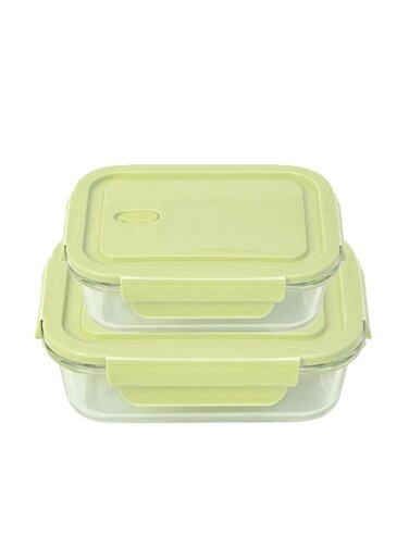2-Piece Borosilicate Glass Food Container Lunch Box Set 410ml and 640ml Green/Clear