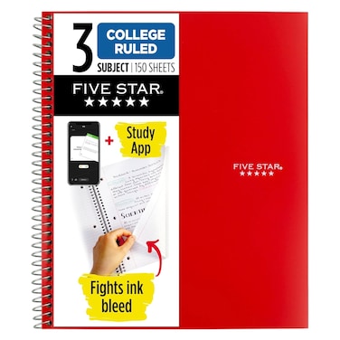 Mead Five Star 3 Subject College Ruled Notebook, 150 Sheet