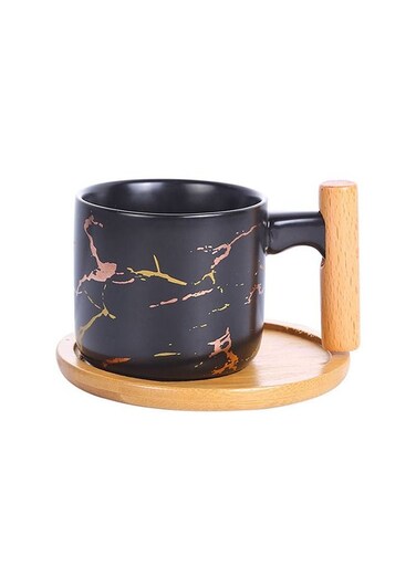 Design Printed Classic Coffee Enamel Mug Ceramic Tea Cup With Wood Handle
