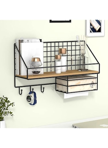 LYLYMYKHH Storage Rack Floating Shelves Wall Mounted,Metal and Wood Storage Shelves Sturdy Display Racks Home Decoration for Living Room, Bedroom, Bathroom,Metal Shelf for Paper,Book,Towel,Key (Black)