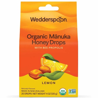 Wedderspoon Organic Mānuka Honey Drops with Bee Propolis, Lemon, 120g