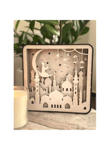 MD Ramadan Decorative Lights Box &ndash; Ramadan Lantern for Home D&eacute;cor, LED Islamic Table Lamp, Wood Decorative Lantern with Lights for Ramadan Kareem Decoration Wood 20cm*20cm