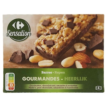 Carrefour Sensation Gourmet Cereal Bars with Peanut, Dark Chocolate, Almond and Hazelnut, 35g, Pack of 4