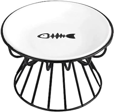 ALEYHA 2023 New Whisker-Friendly Anti-Vomit Cat Plate, Elevated Bowl-Raised Ceramic Cat Bowl with Metal Stand, Food &amp; Water Anti Vomiting Shallow Ceramic Dish for Cat and Small Dogs