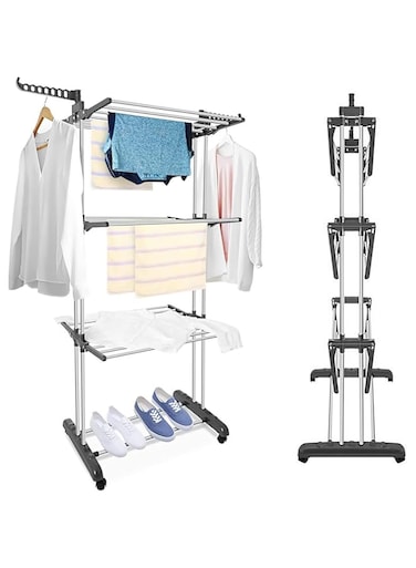 Beauenty Clothes Drying Rack Folding Drying Rack,Clothing 4 Tier Clothes Horses Rack 170CM Tall,Stainless Steel Laundry Drying Rack with Two Side Wings Easy to Assemble,Indoor Outdoor Use,Gray