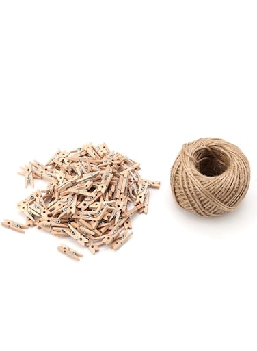 Walfront 250pcs Mini Wooden Clips Photo Clips Clothespin Craft Decoration Clips with 1 Roll 50 Meter Jute Twine Crafts Decor