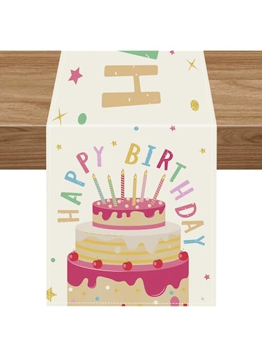Azonee Happy Birthday Table Runner, Birthday Party Table Decoration Kitchen Dining Outdoor Picnics Table, Birthday Cake Table Runner Flax Texture (13.7 x 72 Inch)