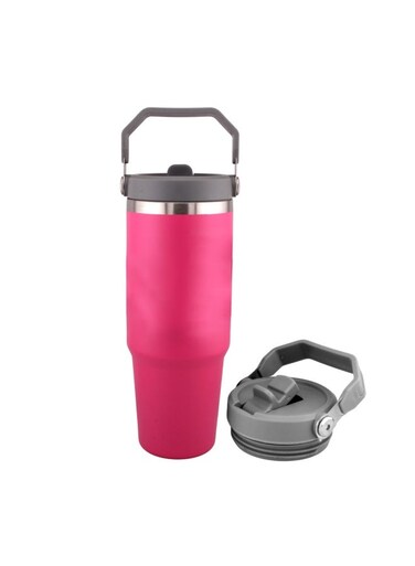 30oz Insulated Travel Cup with Handle, Stainless Steel Double Wall Vacuum Tumbler with Straw &amp; Lids Reusable Water Bottle Trave for Water Iced Tea Coffee - Pink