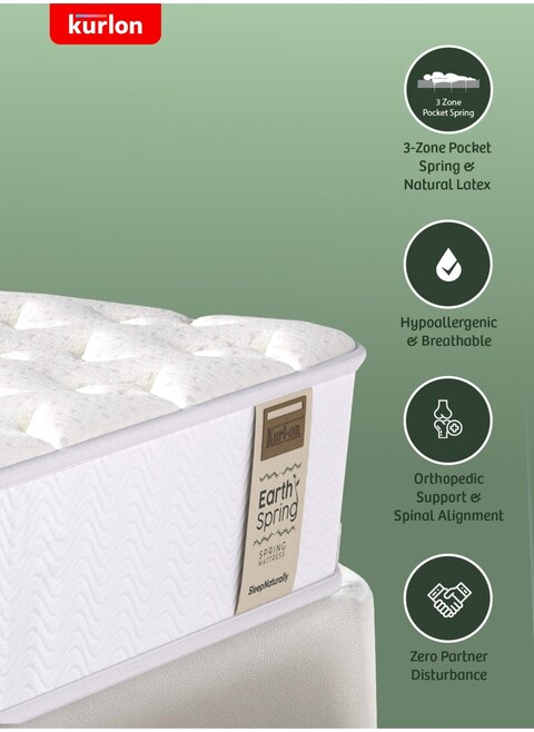 Kurlon Earth Spring Mattress   3-Zone Pocket Spring Mattress   Medium-Firm Support    Natural Latex   Ideal for Spinal Alignment   King Size Mattress  200Lx180Wx25H Cms