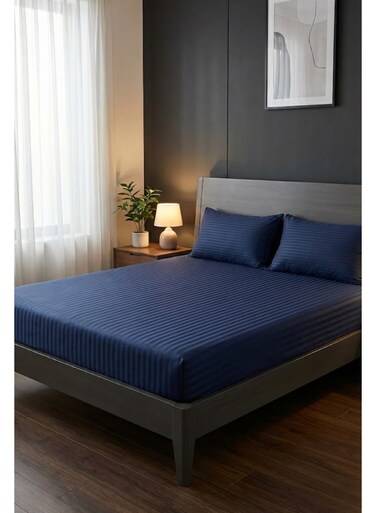 Cotton 3-Piece Microfiber Double Fitted Sheet Set &acirc;&euro;&ldquo; Navy Blue- Striped 150 x 200 cm with Full Elastic &amp; 2 Pillowcase