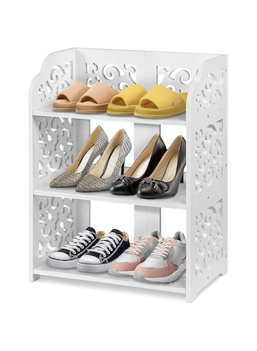 Ejoyous 3 Tier Shoe Rack Organiser, White Small Shoe Storage Cabinets Modern Carved Freestanding Display Shelf, Simple and Stylish Durable, for Hallway Entryway Bedroom 38.1 x 22.9 x 52.6 cm