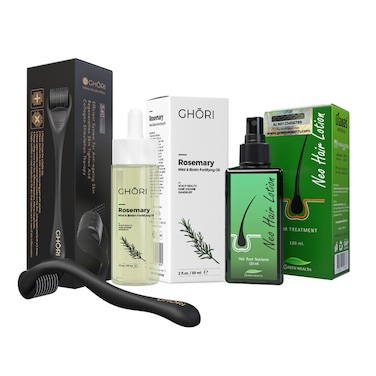 Green Wealth Neo Hair Lotion, 120ml + Ghori Rosemary, Mint &amp; Biotin Oil, 59ml + Derma Roller