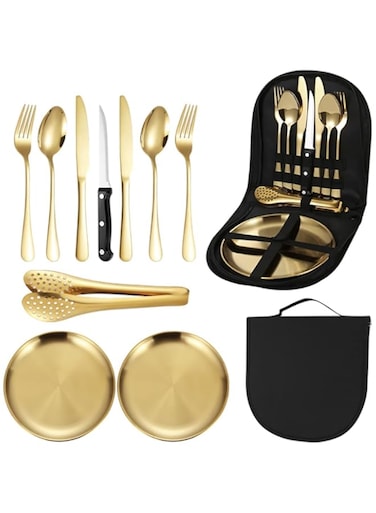 Excefore Stainless Steel Tableware Set for Camping and Picnics - Portable 10 Piece Kit with Knife, Fork, Spoon, Plate, and Steak Clip