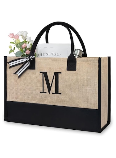 TOPDesign Personalized Initial Jute Bag, Tote Bag for Women