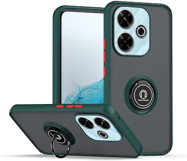 Shockproof Matte Hard Back Bumper Case with Metal Ring Holder Grip Kickstand Car Magnetic Mount for Xiaomi Redmi 13 4G / Redmi Note 13R 5G (Green)