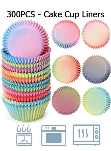300Pcs Gradient Color Cake Cups - 6 Gradient Colors - Disposable Paper Cupcake Liners - Food Grade Baking Cups - Suitable for Baking, Desserts, Pastries, Weddings, Birthdays, Party Supplies - 7 x 5 x 3 cm