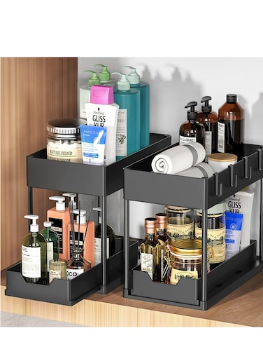 2-PACK Under Sink Organizers and Storage with Sliding Drawer, 2-Tier Bathroom Under Sink Shelf Rack,Multi-Functional Cabinet Storage Space Saver For Kitchen/Bathroom/Bedroom/Office.