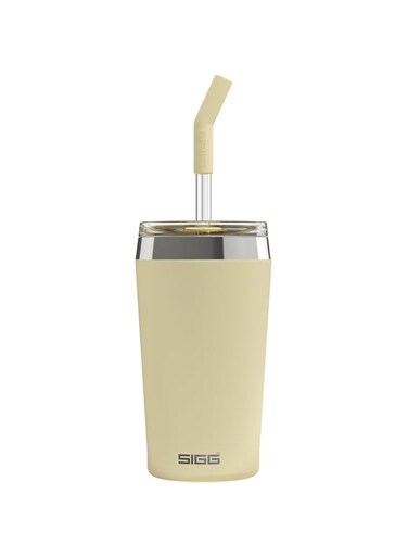 SIGG Helia Optimistic Yellow Travel Mug (0.45 L), Double-Walled Insulated Thermal Cup with Glass Straw, Leakproof Stainless Steel Tumbler for Hot and Cold Drinks