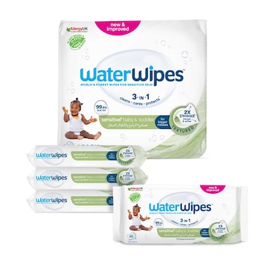 WaterWipes Sensitive+ Baby &amp; Toddler Wipes, 3-In-1 Cleans, Cares, Protects, 99.9% Water, Textured Clean, Unscented, 240 Count