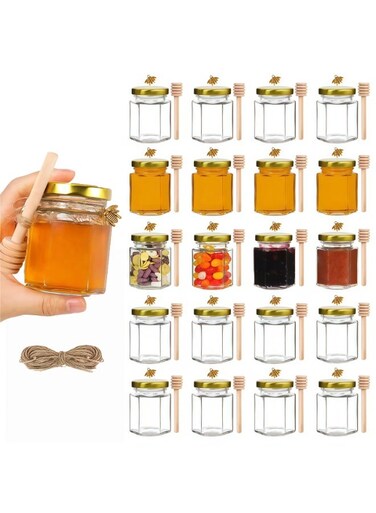 20Pack 2.03oz Mini Hexagon Honey Jars with Wooden Dippers,Glass Honey Jars with Gold Lids, Bee Pendants &amp; 10m Twine &acirc;&euro;&ldquo; Perfect for Baby Showers, Wedding &amp; Party Favors