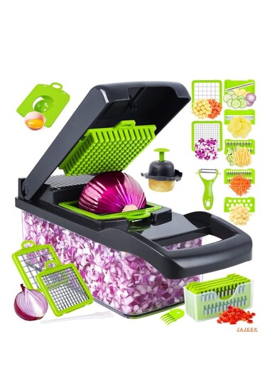 Professional Vegetable Cutter 14-in-1 &acirc;&euro;&ldquo; Multifunctional Kitchen Vegetable Slicer, 8 Blades for Carrot, Garlic, and More, Includes Chopping Container, Grey