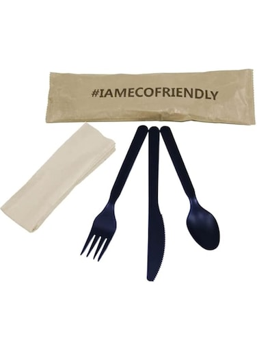 SNH Packing 50 Pieces Black Eco-Friendly Disposable Cutlery Set Fork, Spoon and Knife with Napkin