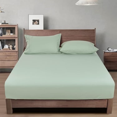 100% Garment Washed Cotton Fitted Sheet Queen Size (152cm x 203cm), Cozy Cloud Soft Bottom Sheet with Elastic 40cm Deep Pocket, Easy Fit and Breathable, without Pillowcase, Artemisia Green