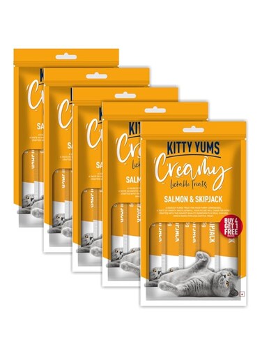 Kitty Yums Creamy Lickable Cat Treats, Salmon &amp; Skipjack, Pack Of 5 (25 Pcs, 375Gm)   Rich In Protein, Promotes Hydration, No Artificial Preservatives   Best For Training   For Kitten &amp; Adult