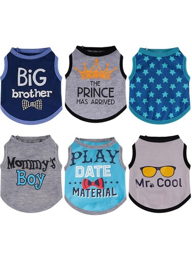 Sadnyy 6 Pack Summer Small Dog Shirt Boy Pet Clothes Doggy Tee Tank Top Kitten Shirts with Letters for Small Medium Dogs Cats Soft Cozy Chihuahua Vest Apparel for Dog Cat Puppy