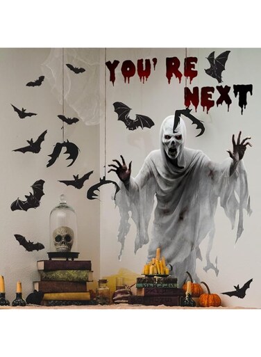 Scary Halloween Stickers, White Skull Ghost and Bloody Letters Stickers for Window Wall Door and Background Decor, Large Horror Window Clings for Halloween Decoration Haunted House Prop (ATW7026-YC)