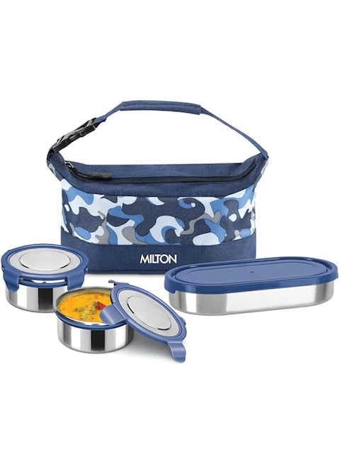 MILTON Camo Delight Stainless Steel Tiffin (2 Click Lock Round Containers, 380 ml Each; 1 Oval Container, 450 ml) with Insulated Jacket, Assorted Colors   Leak &amp; Odour Proof   Office Lunch Box