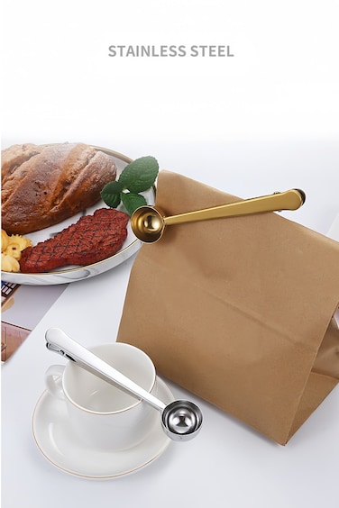 steel coffee measuring spoon multifunctional food sealing clip seasoning spoon milk powder measuring spoon baking scale small tool kitchen spoon clip (silver)