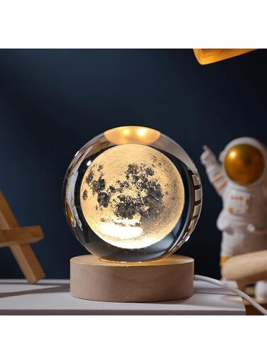 EETU Crystal Glass Ball Night Light,3D Solar System Nightlight Wooden LED Display Base Stand Home Decor Birthday Gifts Decorations Lamp Funny Table Lamp Warm Light for Kids (Moon)