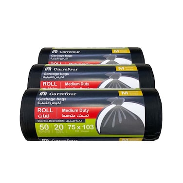 Carrefour Oxo-Biodegradable Garbage Bags Black Medium 50 Gallon, 20 Bags, Pack of 3