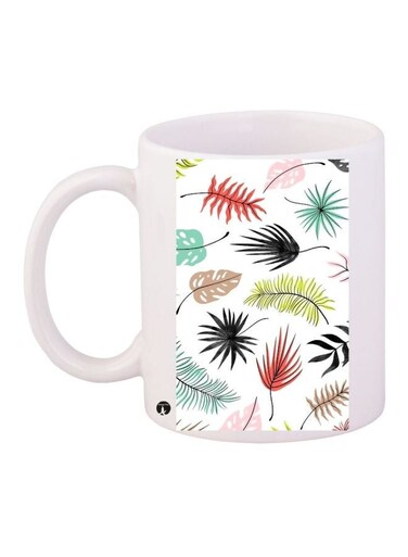 Leaf Printed Ceramic Coffee Mug White/Green/Black 11ounce