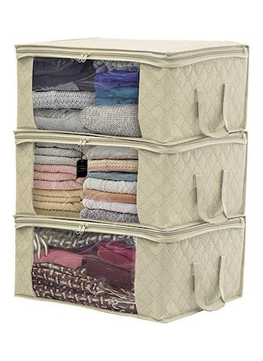Foldable Storage Bag Organizers, Large Clear Window &amp; Carry Handles, Great for Clothes, Blankets, Closets, Bedrooms, and more (3-Pack, Beige)