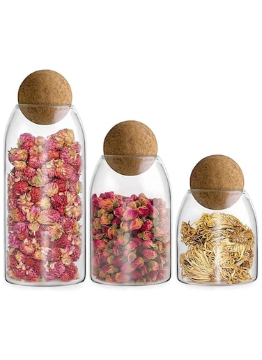 Glass Jar with Ball Cork Lid, Glass Canister with Wood Lid, Storage Container Jars for Coffee, Tea, Spice, Sugar, Salt, Set of 3 (3 PC, 500ml+800ml+1200ml)
