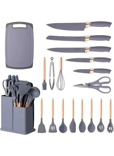 19-Piece Silicone Kitchen Utensil Set &acirc;&euro;&ldquo; Heat-Resistant Nonstick Cooking Tools with Wooden Handles in Grey &acirc;&euro;&ldquo; Includes Stainless Steel Knives, Chopping Board, Spatula, Turner, Whisk, Spoon, Tongs, Measuring Cups &acirc;&euro;&ldquo; Complete Cookware Set for Modern Kitchens