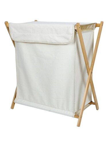 MOSIKER Laundry Basket with Lid,Beige Large Tall Fabric Foldable Freestanding Clothing Hamper Bamboo Handles