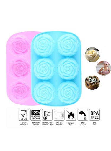 food grade silicone cake mold handmade 6-cavity rose flower high temperature resistant ice cube candy chocolate cake biscuit cupcake baking mold(pink+blue)