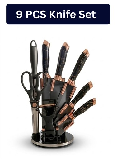 Set 9-Piece Kitchen   360&Acirc;&deg; Rotating Acrylic Stand &amp; Built-in Sharpener   High Carbon Stainless Steel Chef, Bread, Utility, Fruit &amp; Cake Knives   Ultra Sharp, Rustproof &amp; Non-Stick   Home, Restaurant, Catering &amp; Party Use