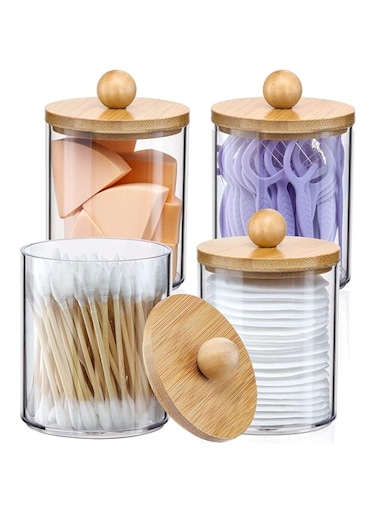 Khazna Q Tip Holder Dispenser Set with Bamboo Lids, 10 Oz Bathroom Organizer Storage, Bathroom Accessories Set for Cotton Swab, Ball, Pads, Floss