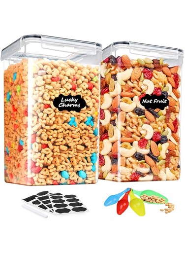 URbazaar 2 Pcs Airtight Food Storage Containers with Lids, 8.5L Plastic kitchen containers &amp; storage Set for Cereal, Dry Food, Flour and Sugar, BPA Free Clear Containers, Includes Labels &amp; Spoons