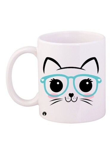 Spectacled Cat Printed Coffee Mug White/Black/Blue 11ounce