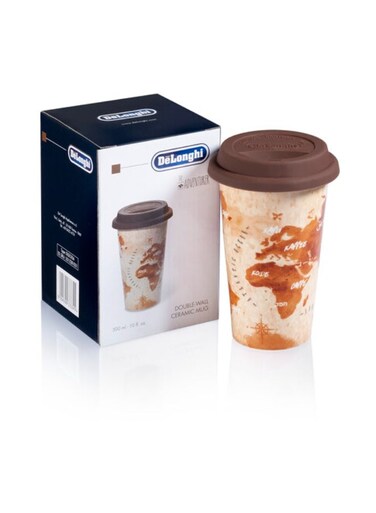 Thermal Mug with Silicone Lid, 300ml Double-Wall Ceramic Coffee Mug, Map Design, Microwave &amp; Dishwasher Safe