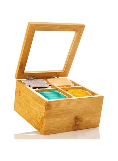 ECVV Tea Box Storage Organizer Table Top Kitchen Spice Box Tea Box Made with premium Quality Bamboo Material 4 Compartment Tea Organizer With Transparent Lid