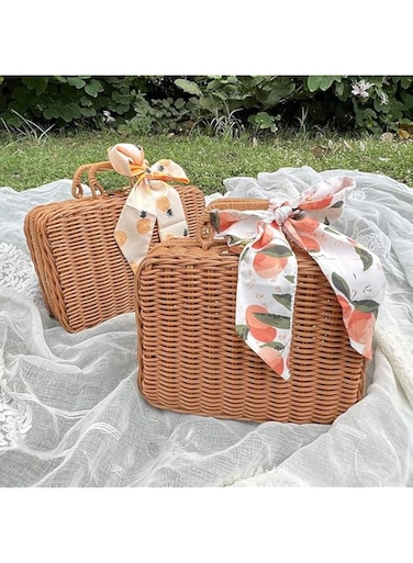 Waglos Wicker Picnic Basket, Rectangular Storage Basket with Carrying Strap for Camping Travel Party 1 PACK